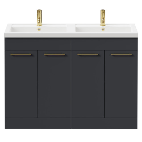 Napoli Gloss Grey 1200mm Floor Standing Vanity Unit with Polymarble Double Basin and 4 Doors with Brushed Brass Handles Front View