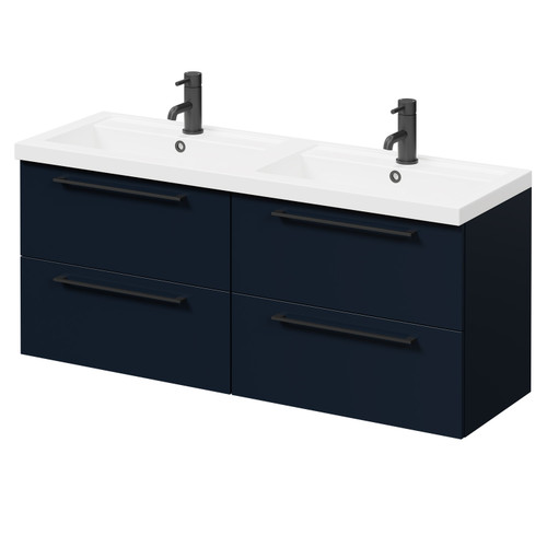 Napoli Deep Blue 1200mm Wall Mounted Vanity Unit with Polymarble Double Basin and 4 Drawers with Matt Black Handles Right Hand View