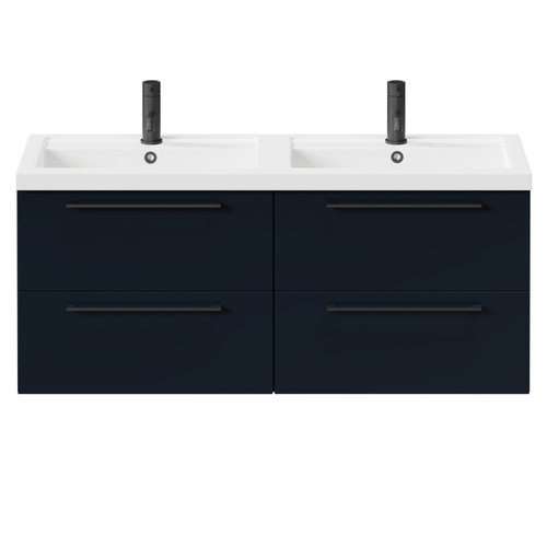 Napoli Deep Blue 1200mm Wall Mounted Vanity Unit with Polymarble Double Basin and 4 Drawers with Matt Black Handles Front View