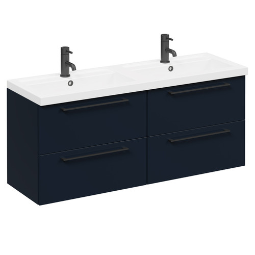 Napoli Deep Blue 1200mm Wall Mounted Vanity Unit with Polymarble Double Basin and 4 Drawers with Matt Black Handles Left Hand View