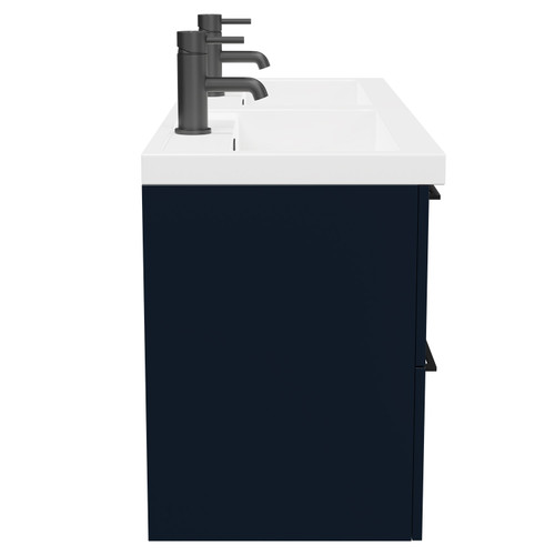Napoli Deep Blue 1200mm Wall Mounted Vanity Unit with Polymarble Double Basin and 4 Drawers with Matt Black Handles Side View
