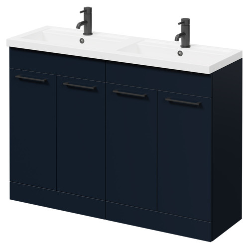 Napoli Deep Blue 1200mm Floor Standing Vanity Unit with Polymarble Double Basin and 4 Doors with Matt Black Handles Right Hand View