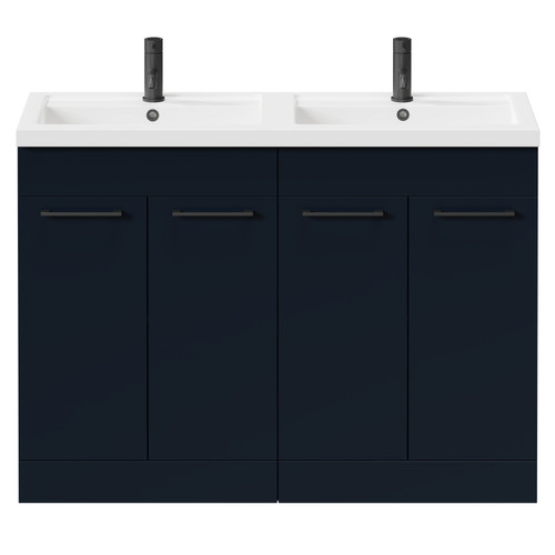 Napoli Deep Blue 1200mm Floor Standing Vanity Unit with Polymarble Double Basin and 4 Doors with Matt Black Handles Front View