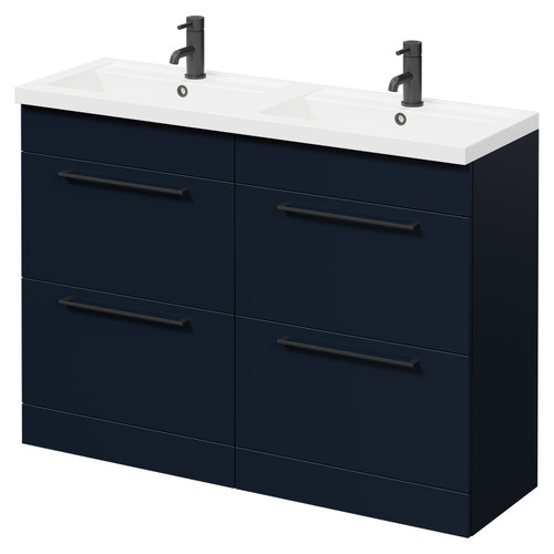 Napoli Deep Blue 1200mm Floor Standing Vanity Unit with Polymarble Double Basin and 4 Drawers with Matt Black Handles Right Hand View