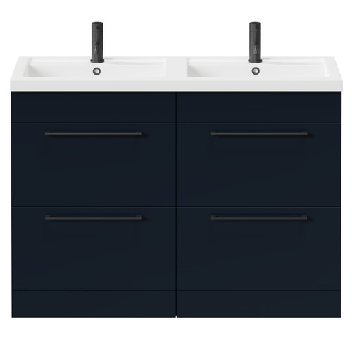 Napoli Deep Blue 1200mm Floor Standing Vanity Unit with Polymarble Double Basin and 4 Drawers with Matt Black Handles Front View