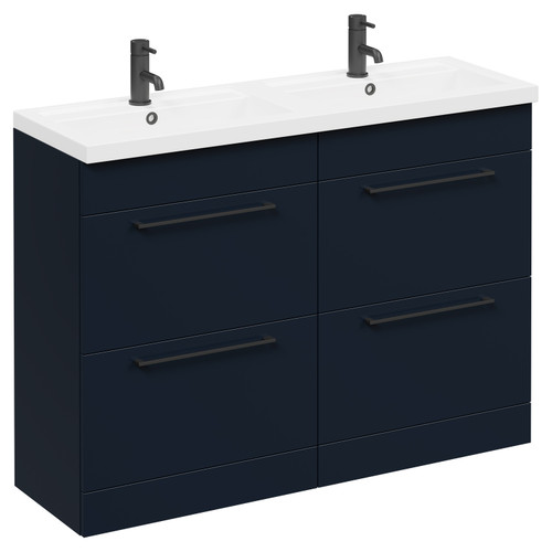 Napoli Deep Blue 1200mm Floor Standing Vanity Unit with Polymarble Double Basin and 4 Drawers with Matt Black Handles Left Hand View