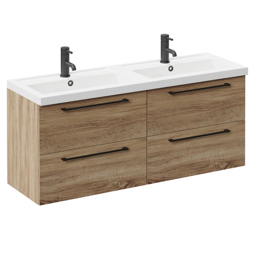 Napoli Bordalino Oak 1200mm Wall Mounted Vanity Unit with Polymarble Double Basin and 4 Drawers with Matt Black Handles Left Hand View