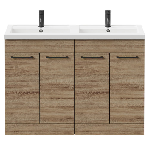 Napoli Bordalino Oak 1200mm Floor Standing Vanity Unit with Polymarble Double Basin and 4 Doors with Matt Black Handles Front View