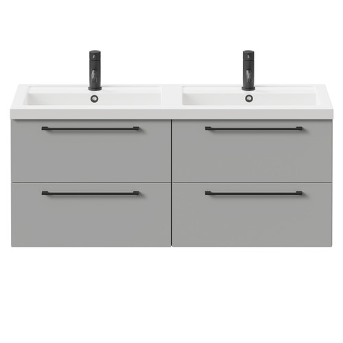 Napoli Gloss Grey Pearl 1200mm Wall Mounted Vanity Unit with Polymarble Double Basin and 4 Drawers with Matt Black Handles Front View