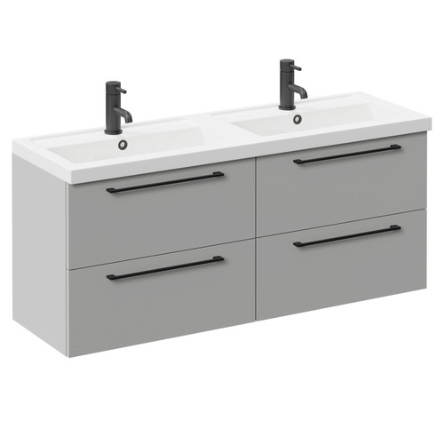 Napoli Gloss Grey Pearl 1200mm Wall Mounted Vanity Unit with Polymarble Double Basin and 4 Drawers with Matt Black Handles Left Hand View