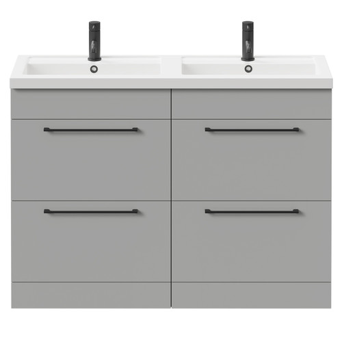Napoli Gloss Grey Pearl 1200mm Floor Standing Vanity Unit with Polymarble Double Basin and 4 Drawers with Matt Black Handles Front View