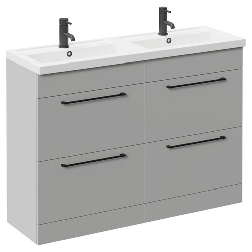 Napoli Gloss Grey Pearl 1200mm Floor Standing Vanity Unit with Polymarble Double Basin and 4 Drawers with Matt Black Handles Left Hand View