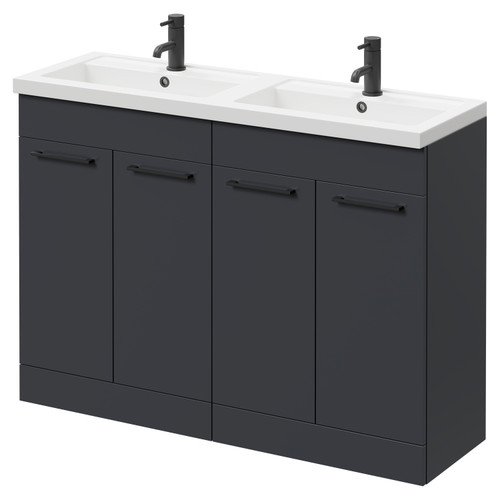 Napoli Gloss Grey 1200mm Floor Standing Vanity Unit with Polymarble Double Basin and 4 Doors with Matt Black Handles Right Hand View