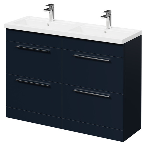 Napoli Deep Blue 1200mm Floor Standing Vanity Unit with Polymarble Double Basin and 4 Drawers with Polished Chrome Handles Right Hand View