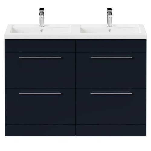 Napoli Deep Blue 1200mm Floor Standing Vanity Unit with Polymarble Double Basin and 4 Drawers with Polished Chrome Handles Front View