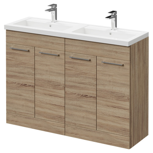 Napoli Bordalino Oak 1200mm Floor Standing Vanity Unit with Polymarble Double Basin and 4 Doors with Polished Chrome Handles Right Hand View