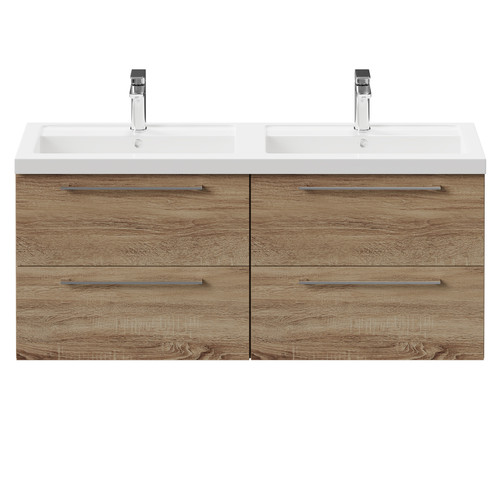 Napoli Bordalino Oak 1200mm Wall Mounted Vanity Unit with Polymarble Double Basin and 4 Drawers with Polished Chrome Handles Front View