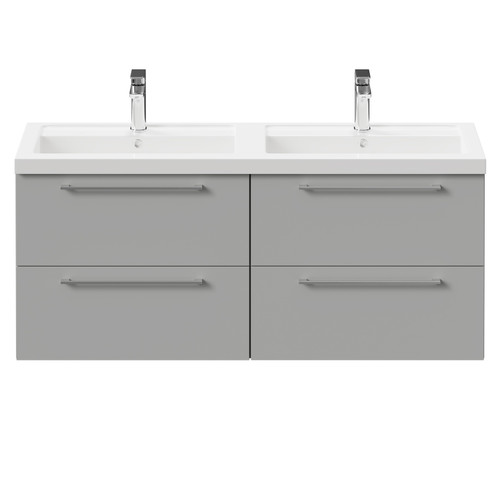 Napoli Gloss Grey Pearl 1200mm Wall Mounted Vanity Unit with Polymarble Double Basin and 4 Drawers with Polished Chrome Handles Front View