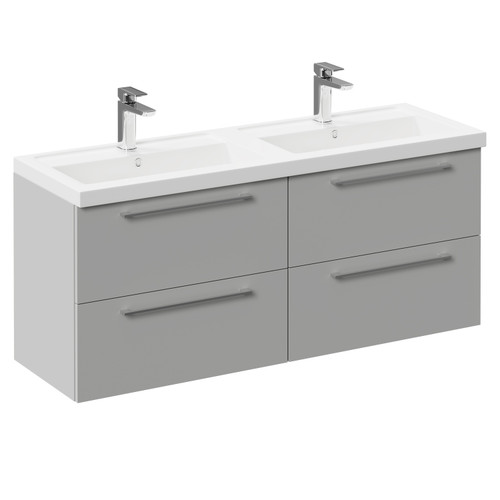 Napoli Gloss Grey Pearl 1200mm Wall Mounted Vanity Unit with Polymarble Double Basin and 4 Drawers with Polished Chrome Handles Left Hand View