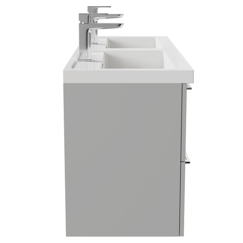 Napoli Gloss Grey Pearl 1200mm Wall Mounted Vanity Unit with Polymarble Double Basin and 4 Drawers with Polished Chrome Handles Side View