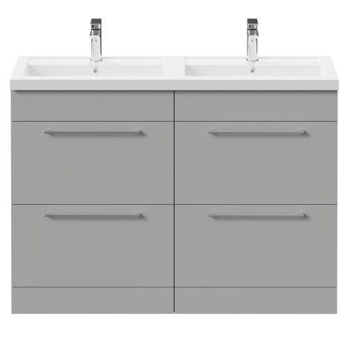 Napoli Gloss Grey Pearl 1200mm Floor Standing Vanity Unit with Polymarble Double Basin and 4 Drawers with Polished Chrome Handles Front View