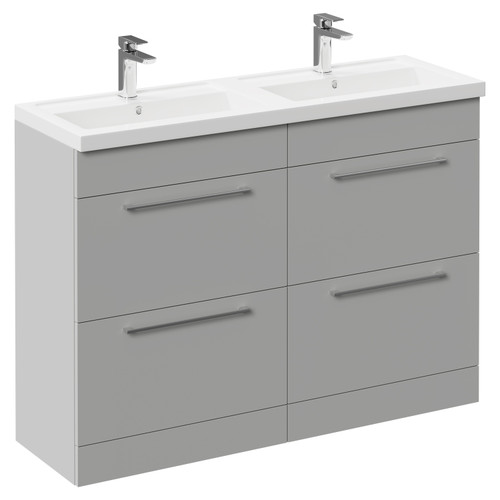 Napoli Gloss Grey Pearl 1200mm Floor Standing Vanity Unit with Polymarble Double Basin and 4 Drawers with Polished Chrome Handles Left Hand View