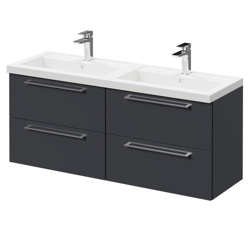 Napoli Gloss Grey 1200mm Wall Mounted Vanity Unit with Polymarble Double Basin and 4 Drawers with Polished Chrome Handles Right Hand View