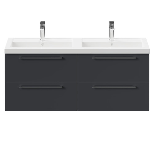 Napoli Gloss Grey 1200mm Wall Mounted Vanity Unit with Polymarble Double Basin and 4 Drawers with Polished Chrome Handles Front View