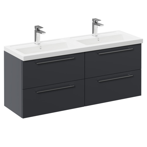 Napoli Gloss Grey 1200mm Wall Mounted Vanity Unit with Polymarble Double Basin and 4 Drawers with Polished Chrome Handles Left Hand View