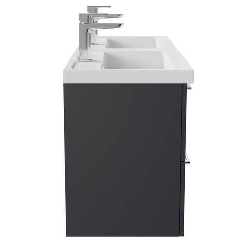 Napoli Gloss Grey 1200mm Wall Mounted Vanity Unit with Polymarble Double Basin and 4 Drawers with Polished Chrome Handles Side View