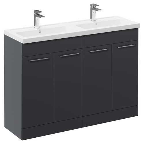 Napoli Gloss Grey 1200mm Floor Standing Vanity Unit with Polymarble Double Basin and 4 Doors with Polished Chrome Handles Left Hand View