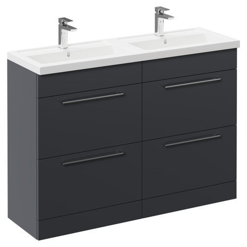 Napoli Gloss Grey 1200mm Floor Standing Vanity Unit with Polymarble Double Basin and 4 Drawers with Polished Chrome Handles Left Hand View