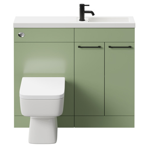 Napoli Combination Olive Green 1000mm Vanity Unit Toilet Suite with Slimline 1 Tap Hole Basin and 2 Doors with Matt Black Handles Front View