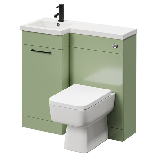 Napoli Combination Olive Green 900mm Vanity Unit Toilet Suite with Left Hand L Shaped 1 Tap Hole Basin and Single Door with Matt Black Handle Right Hand Side View