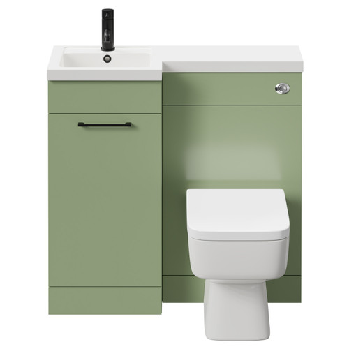 Napoli Combination Olive Green 900mm Vanity Unit Toilet Suite with Left Hand L Shaped 1 Tap Hole Basin and Single Door with Matt Black Handle Front View