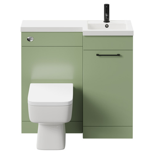 Napoli Combination Olive Green 900mm Vanity Unit Toilet Suite with Right Hand L Shaped 1 Tap Hole Basin and Single Door with Matt Black Handle Front View