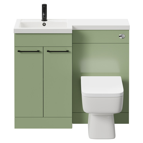 Napoli Combination Olive Green 1000mm Vanity Unit Toilet Suite with Left Hand L Shaped 1 Tap Hole Basin and 2 Doors with Matt Black Handles Front View