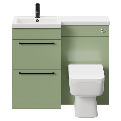 Napoli Combination Olive Green 1000mm Vanity Unit Toilet Suite with Left Hand L Shaped 1 Tap Hole Basin and 2 Drawers with Matt Black Handles Front View