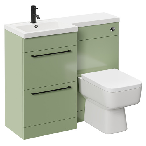 Napoli Combination Olive Green 1000mm Vanity Unit Toilet Suite with Left Hand L Shaped 1 Tap Hole Basin and 2 Drawers with Matt Black Handles Left Hand Side View