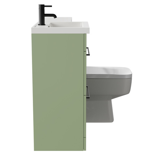 Napoli Combination Olive Green 1000mm Vanity Unit Toilet Suite with Left Hand L Shaped 1 Tap Hole Basin and 2 Drawers with Matt Black Handles Side on View