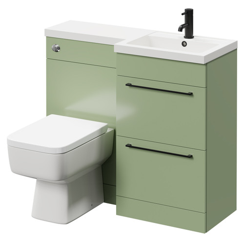 Napoli Combination Olive Green 1000mm Vanity Unit Toilet Suite with Right Hand L Shaped 1 Tap Hole Basin and 2 Drawers with Matt Black Handles Right Hand Side View