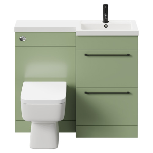 Napoli Combination Olive Green 1000mm Vanity Unit Toilet Suite with Right Hand L Shaped 1 Tap Hole Basin and 2 Drawers with Matt Black Handles Front View