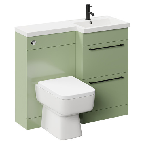 Napoli Combination Olive Green 1000mm Vanity Unit Toilet Suite with Right Hand L Shaped 1 Tap Hole Basin and 2 Drawers with Matt Black Handles Left Hand Side View