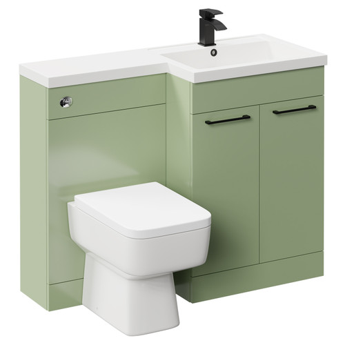 Napoli Combination Olive Green 1100mm Vanity Unit Toilet Suite with Right Hand L Shaped 1 Tap Hole Basin and 2 Doors with Matt Black Handles Left Hand Side View