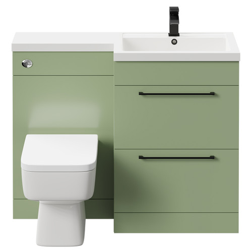 Napoli Combination Olive Green 1100mm Vanity Unit Toilet Suite with Right Hand L Shaped 1 Tap Hole Basin and 2 Drawers with Matt Black Handles Front View