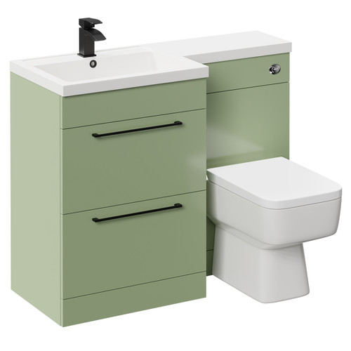 Napoli Combination Olive Green 1100mm Vanity Unit Toilet Suite with Left Hand L Shaped 1 Tap Hole Basin and 2 Drawers with Matt Black Handles Left Hand Side View