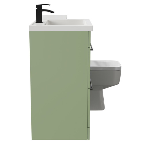 Napoli Combination Olive Green 1100mm Vanity Unit Toilet Suite with Left Hand L Shaped 1 Tap Hole Basin and 2 Drawers with Matt Black Handles Side on View