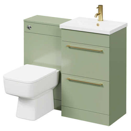 Napoli Olive Green 1000mm Vanity Unit Toilet Suite with 1 Tap Hole Basin and 2 Drawers with Brushed Brass Handles Right Hand View