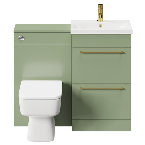Napoli Olive Green 1000mm Vanity Unit Toilet Suite with 1 Tap Hole Basin and 2 Drawers with Brushed Brass Handles Front View