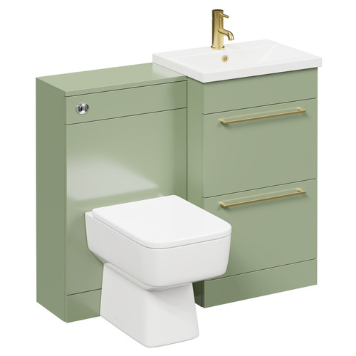 Napoli Olive Green 1000mm Vanity Unit Toilet Suite with 1 Tap Hole Basin and 2 Drawers with Brushed Brass Handles Left Hand View